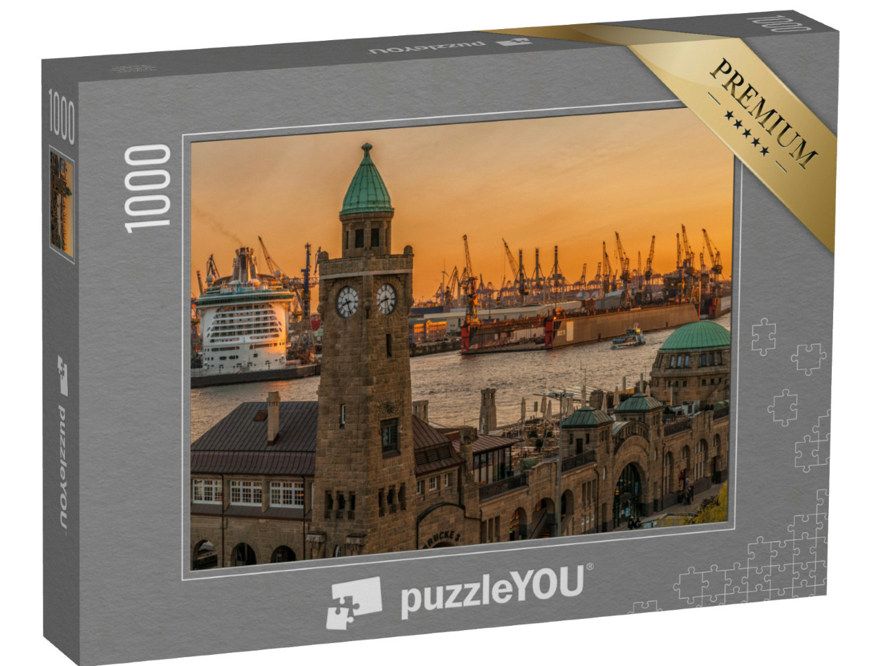 Puzzel 1000 stukjes „Zonsondergang over de steigers en de haven in Hamburg“