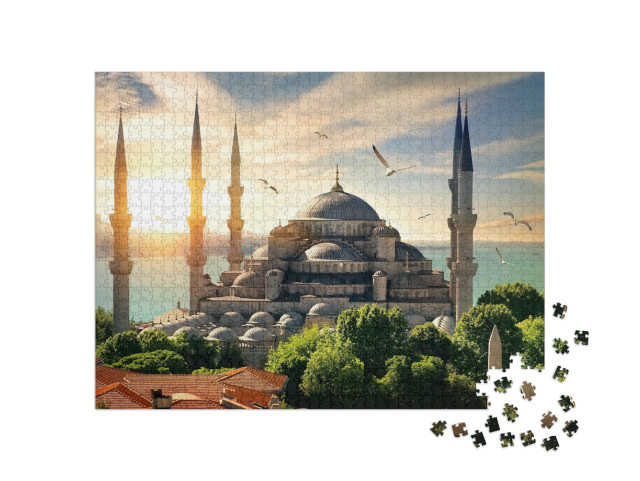 Puzzel 1000 stukjes „Zeemeeuwen boven de Blauwe Moskee en de Bosporus in Istanbul“