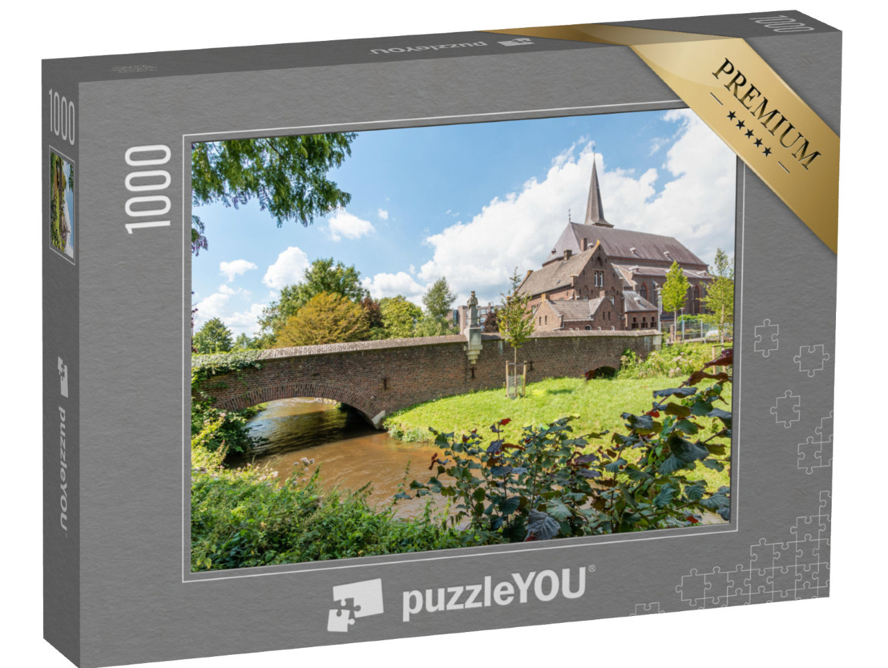 Puzzel 1000 stukjes „Stenen brug over de Schwalm in Swalmen met uitzicht op St. Lamb“