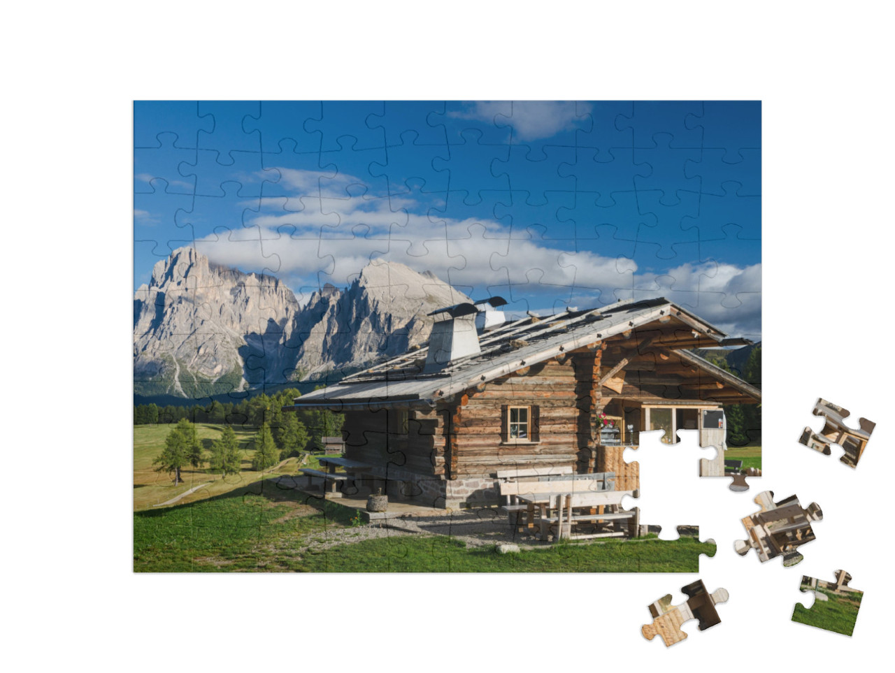 Puzzel 100 stukjes „Hut op de Seiser Alm met Plattkofel en Langkofel, Zuid-Tirol“