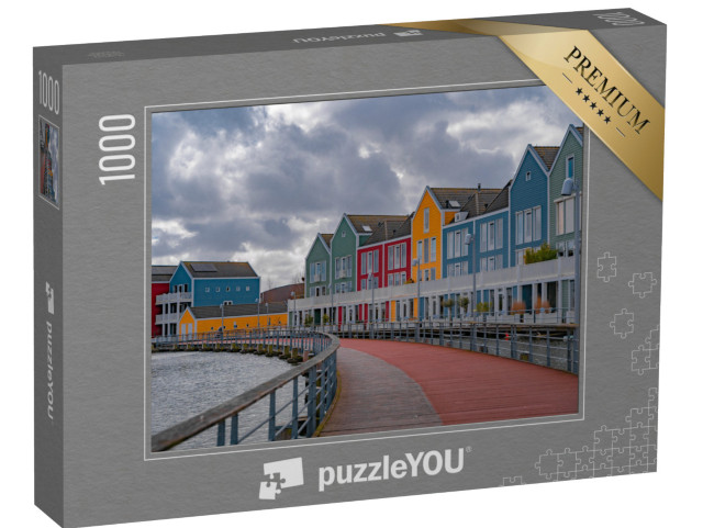 Puzzel 1000 stukjes „Kleurrijke houten huizen aan De Rietplas, moderne woonarchitectuur in Houten“