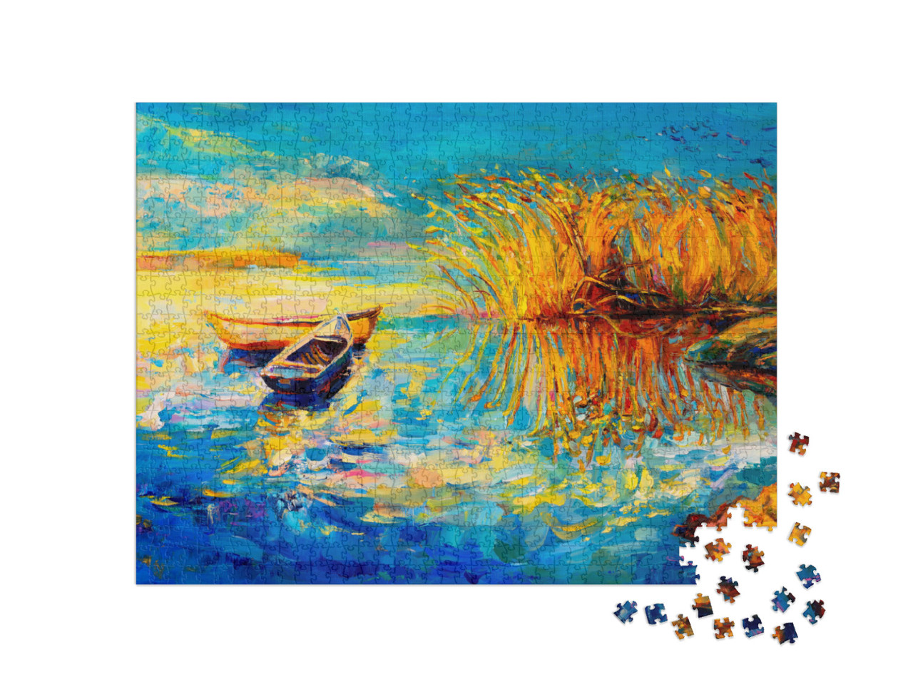 Puzzel 1000 stukjes „Olieverfschilderij: Boten aan de oever van het meer“