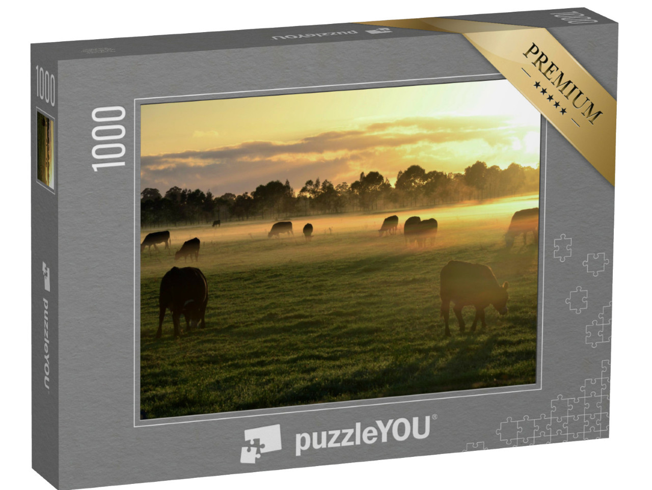 Puzzel 1000 stukjes „Op het platteland: kudde koeien in de ochtendmist“