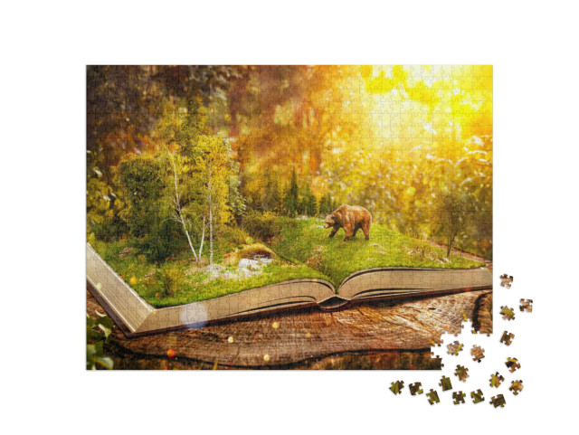 Puzzel 1000 stukjes „Fantasy illustratie: Open boek met wild bos en beer“