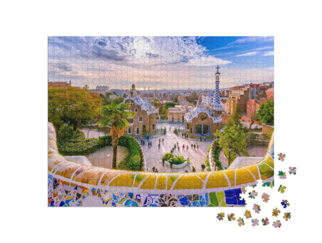 Puzzel 1000 stukjes „Uitzicht op de stad vanuit Park Güell in Barcelona, Spanje“