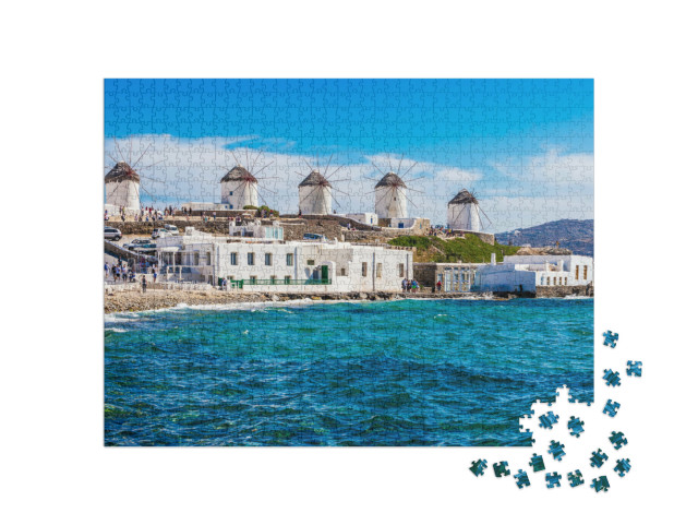 Puzzel 1000 stukjes „Windmolens aan de kust van Mykonos, Griekenland“