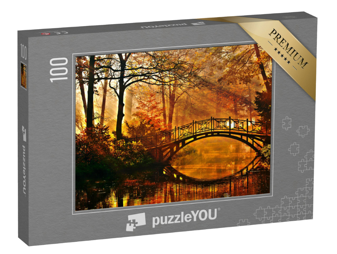 Puzzel 100 stukjes „Oude brug in herfstig mistig park“