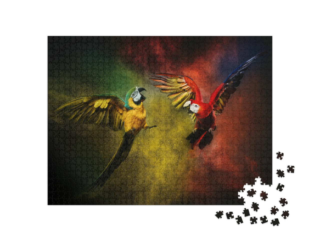 Puzzel 1000 stukjes „Twee papegaaien vechten tegen een kleurrijke poederexplosie“