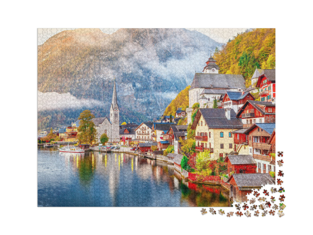 Puzzel 2000 stukjes „Hallstatt meer met oever en bergen, Oostenrijk“