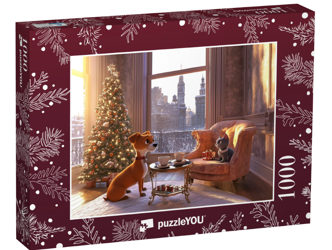 Puzzel 1000 stukjes „New York : chien et chat profitent du matin de Noël“