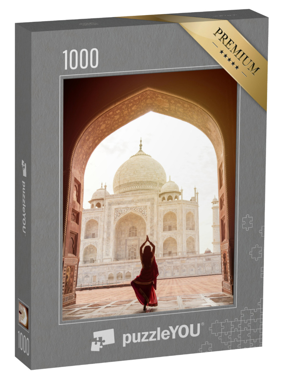 Puzzel 1000 stukjes „Indiase vrouw in rode sari bij de Taj Mahal, India“