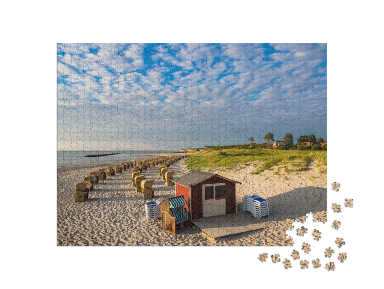 Puzzel 1000 stukjes „Strandstoelen en hut op het Oostzeestrand in Wustrow, Duitsland“