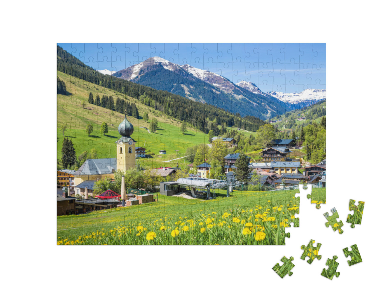 Puzzel 200 stukjes „Uitzicht op het dorp Saalbach in de zomer, Oostenrijk“
