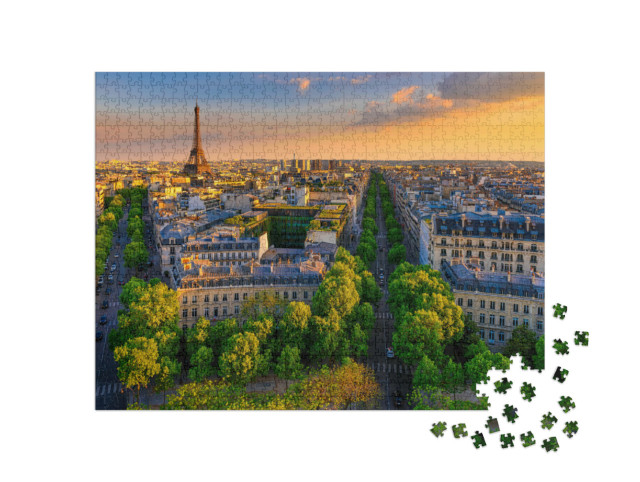 Puzzel 1000 stukjes „Skyline van Parijs met Eiffeltoren bij zonsondergang, Frankrijk“