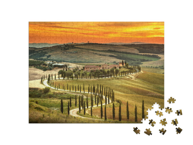 Puzzel 500 stukjes „Zonsondergang over het landschap van Toscane, Italië“