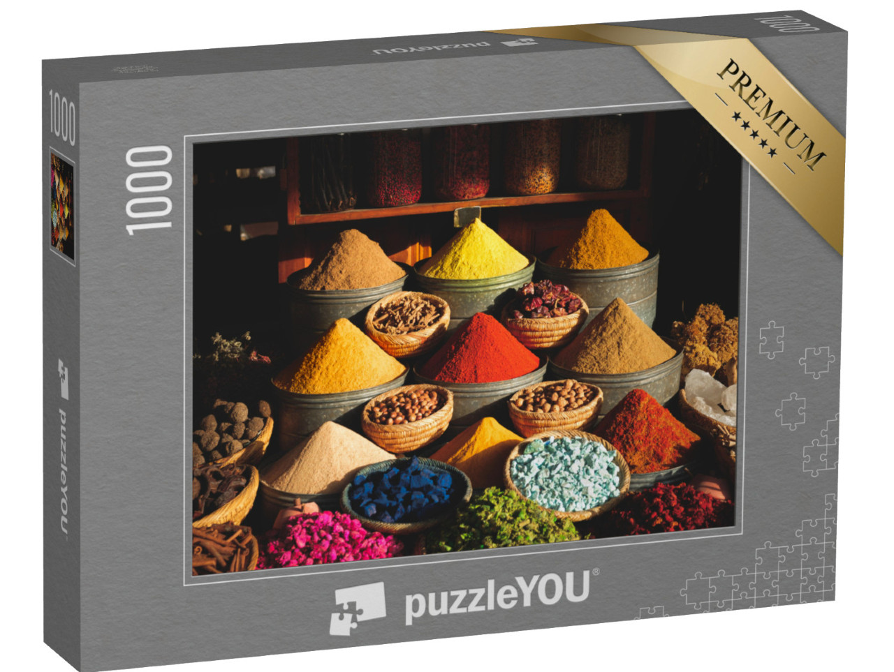 Puzzel 1000 stukjes „Kleurrijke kruiden op een traditionele markt in Marrakech, Marokko“