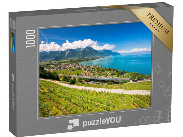 Puzzel 1000 stukjes „Uitzicht op Villeneuve met de Zwitserse Alpen, het meer van Genève en wijngaarden“