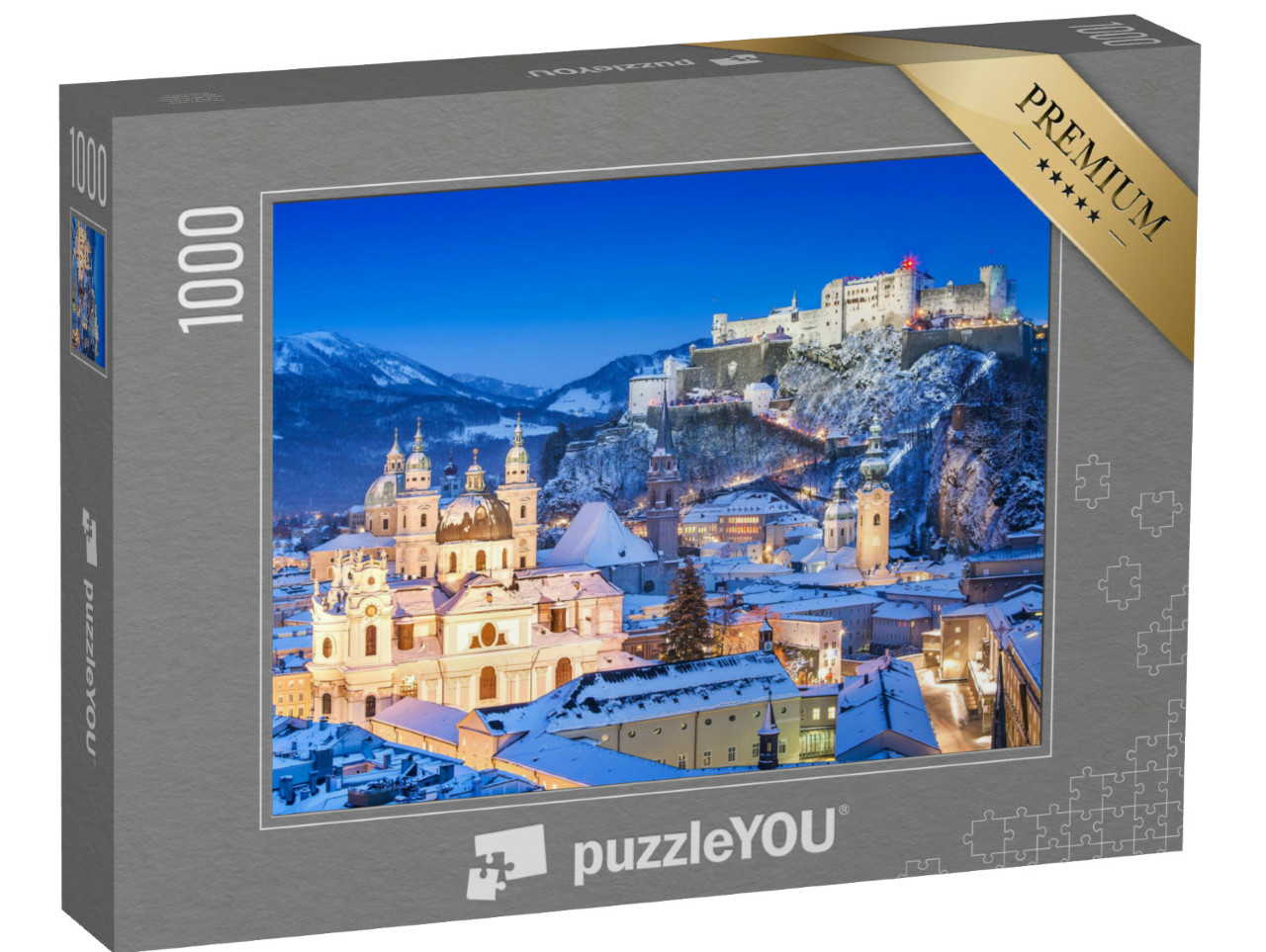 Puzzel 1000 stukjes „Prachtig uitzicht op de historische stad Salzburg met fort in de winter, Oostenrijk“