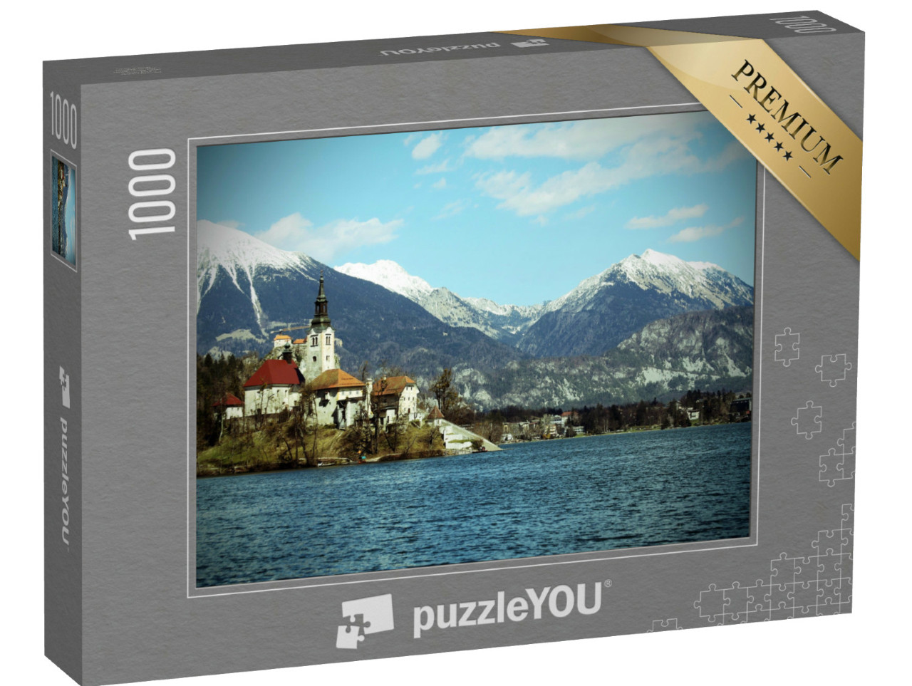 Puzzel 1000 stukjes „Kerk op het eiland Bled voor besneeuwde bergen, Slovenië“