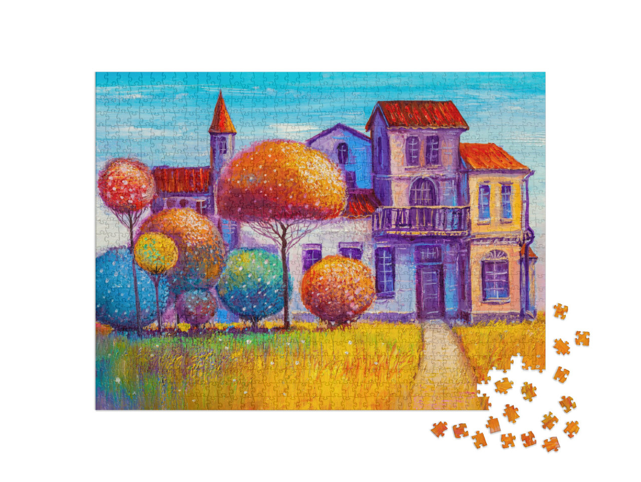 Puzzel 1000 stukjes „Olieverfschilderij: Mooi landhuis in de nazomer“