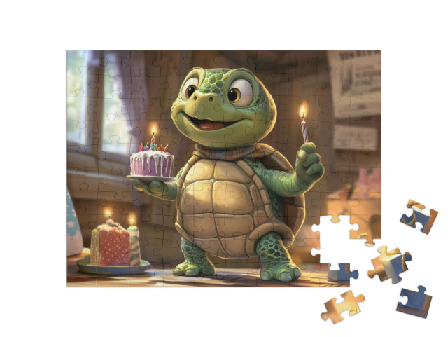 Puzzel 100 stukjes „Een zoete verjaardagstaart van Schorschi de schildpad“