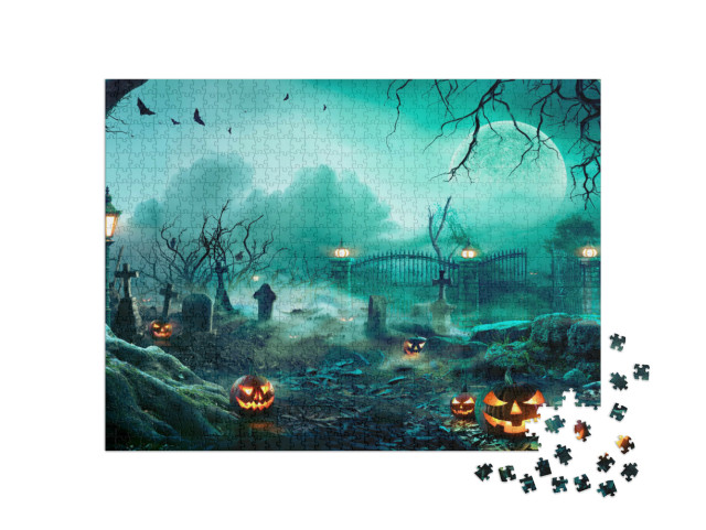 Puzzel 1000 stukjes „Pompoenen op het kerkhof op een griezelige Halloweenavond“