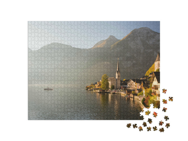 Puzzel 1000 stukjes „Pittoresk ochtendzicht van het bergdorp Hallstatt, Oostenrijk“