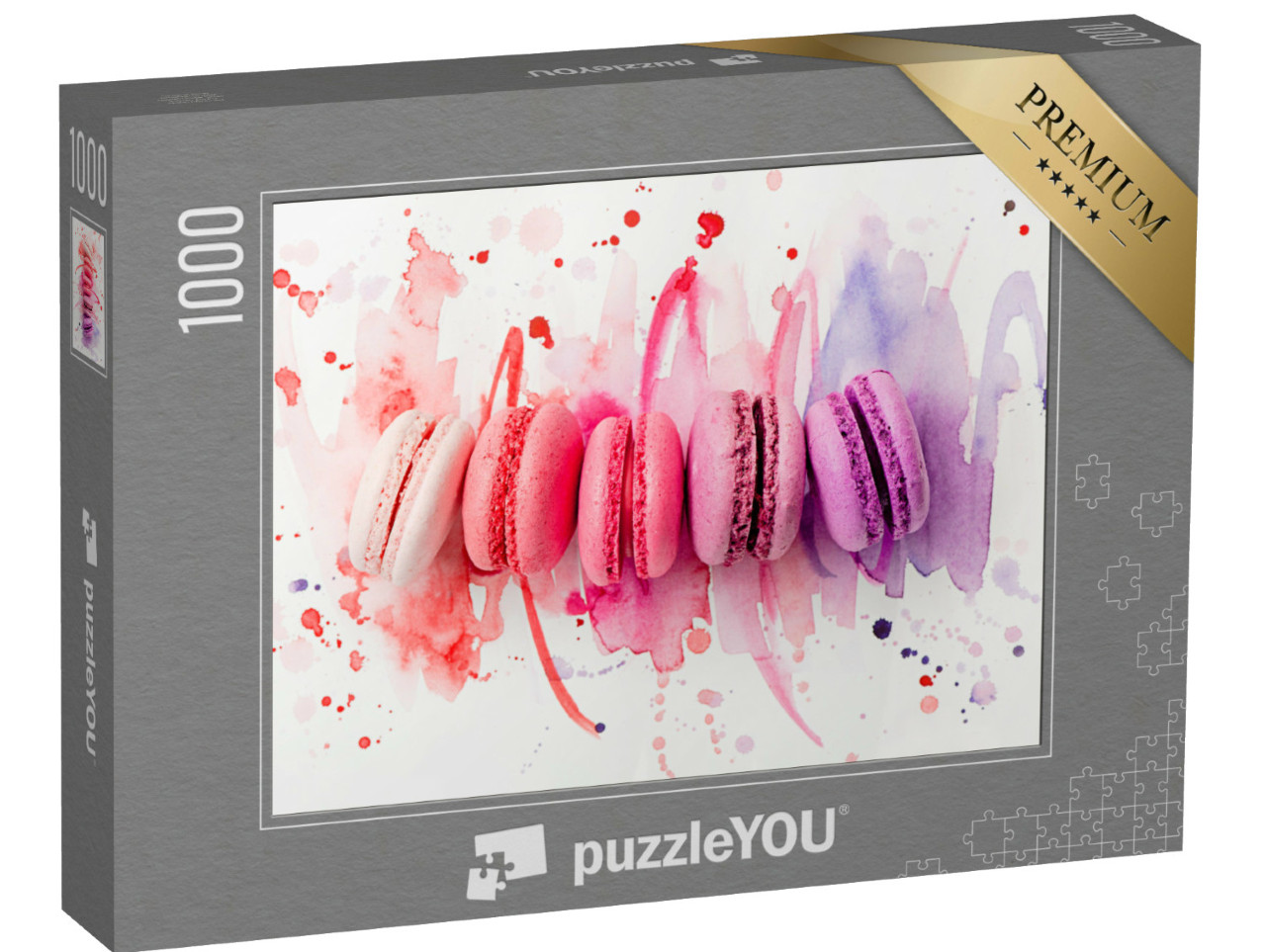 Puzzel 1000 stukjes „Kleurrijke macarons met een bijpassende aquarelachtergrond“