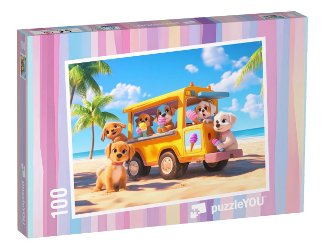 Puzzel 100 stukjes „De puppy-ijswagen op het strand“