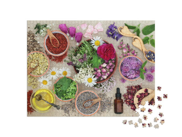 Puzzel 1000 stukjes „Ingrediënten voor de productie van etherische oliën“