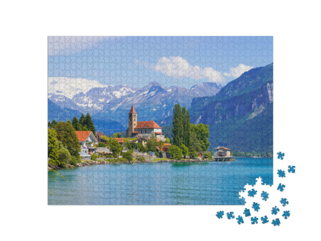 Puzzel 1000 stukjes „Stad Brienz aan het meer van Brienz voor de Alpen, Interlaken, Zwitserland“