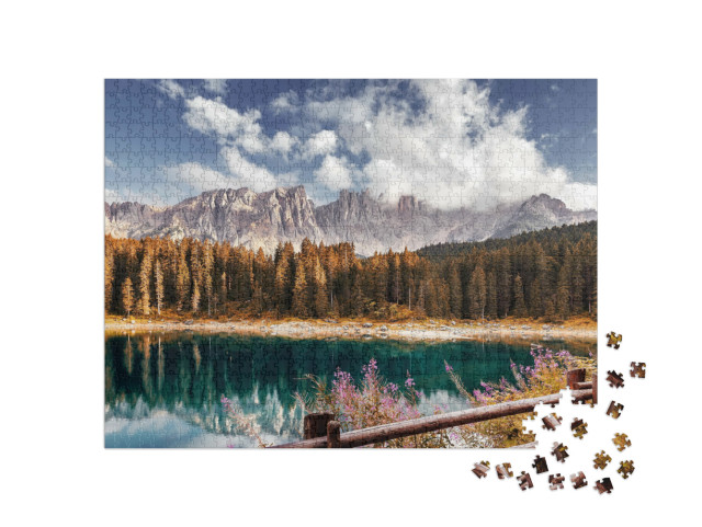 Puzzel 1000 stukjes „Alpen bij zonsondergang, Lago di Carezza, Dolomieten“