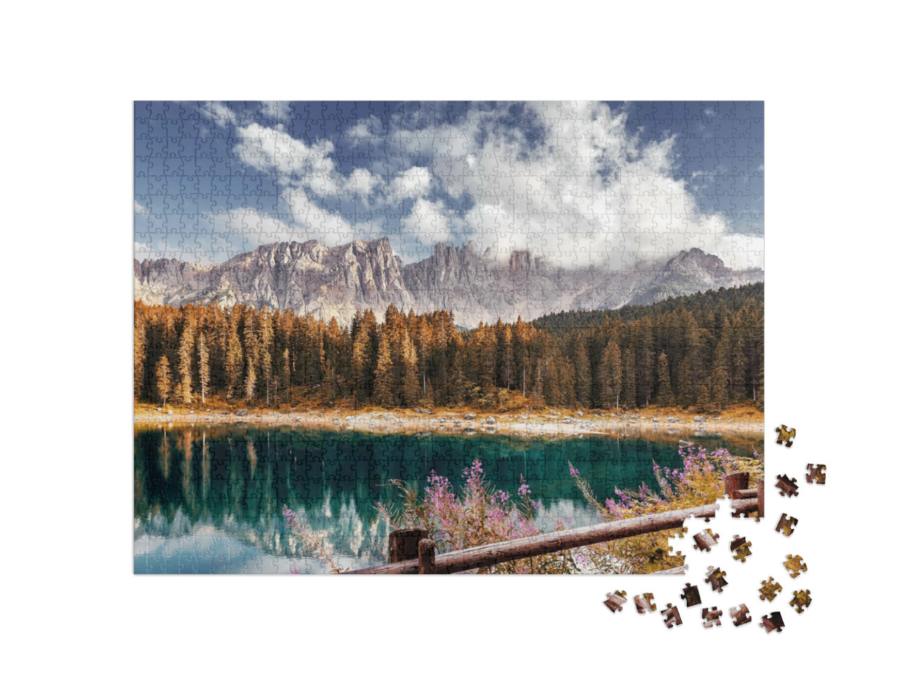 Puzzel 1000 stukjes „Alpen bij zonsondergang, Lago di Carezza, Dolomieten“