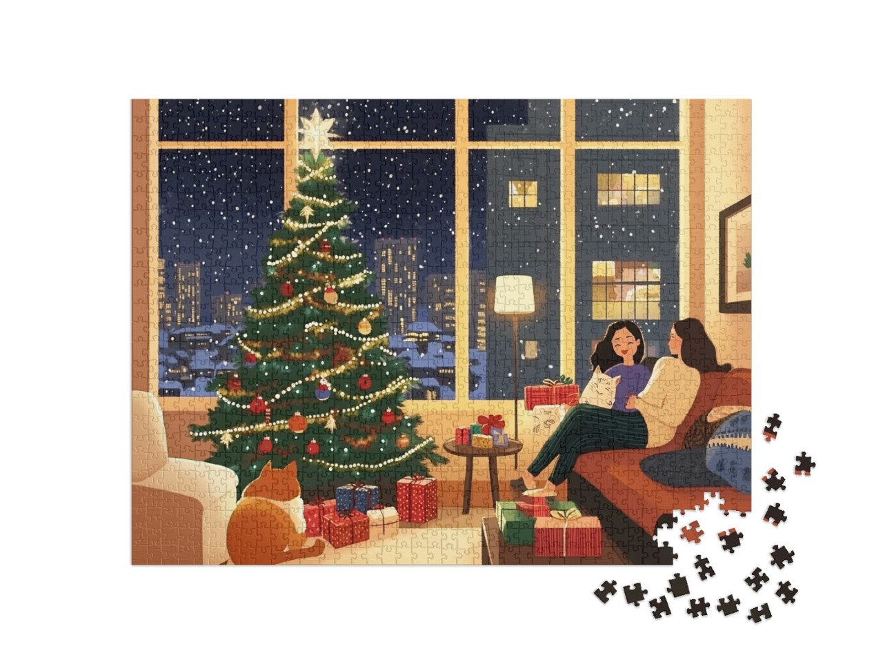 Puzzel 1000 stukjes „Soirée de Noël conviviale devant un sapin de Noël rayonnant“