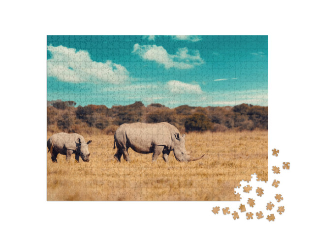 Puzzel 1000 stukjes „Neushoornfamilie, moeder met baby witte neushoorn, Botswana“