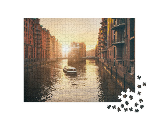 Puzzel 1000 stukjes „Zonsondergang over het pakhuisdistrict van Hamburg“