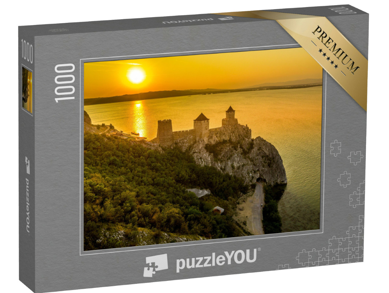 Puzzel 1000 stukjes „Silhouet van kasteel Golubac bij zonsondergang langs de Donau in Servië“