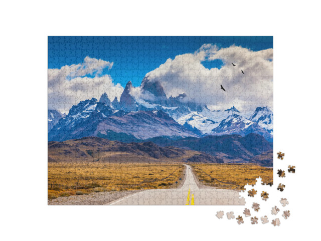 Puzzel 1000 stukjes „Kudde Andes-condors boven een snelweg in Patagonië“