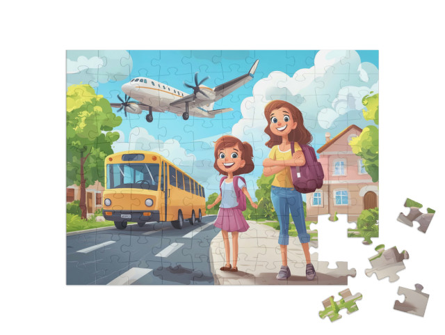 Puzzel 100 stukjes „Vliegtuigen op weg naar de schoolbus“