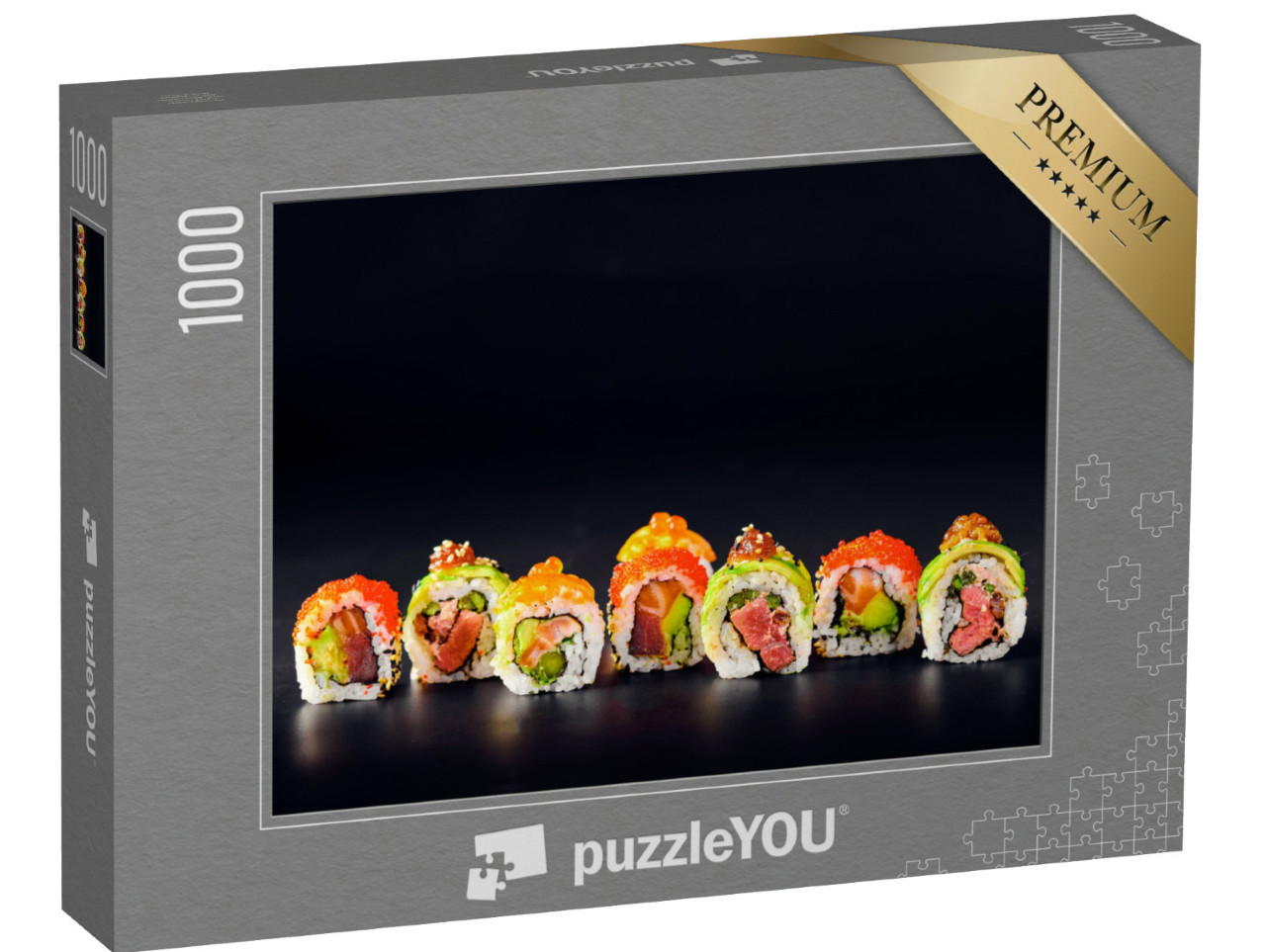Puzzel 1000 stukjes „Sushirolletjes met rode kaviaar, zalm, tonijn“