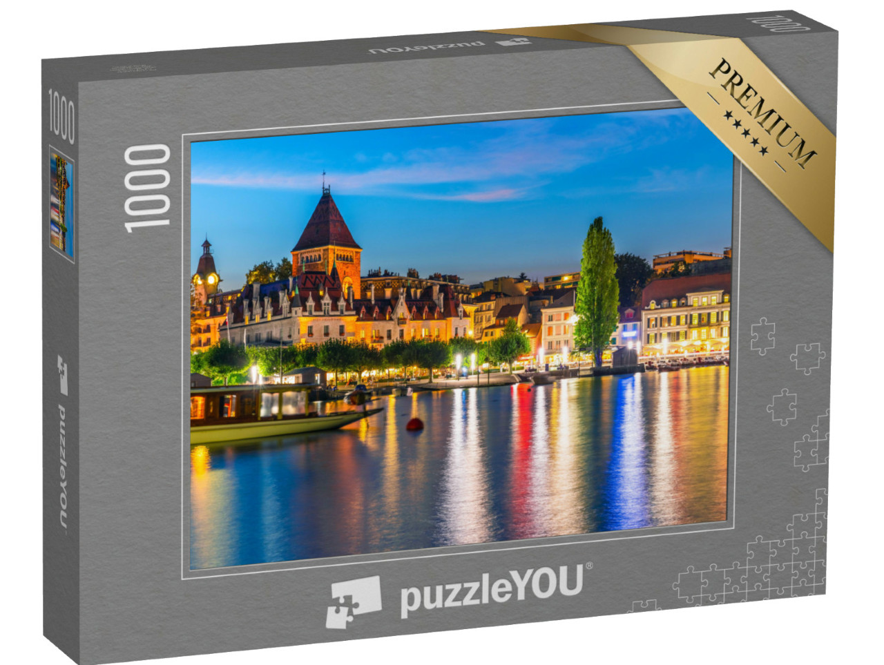 Puzzel 1000 stukjes „Zomernacht boven de oude stad van Lausanne, Zwitserland“