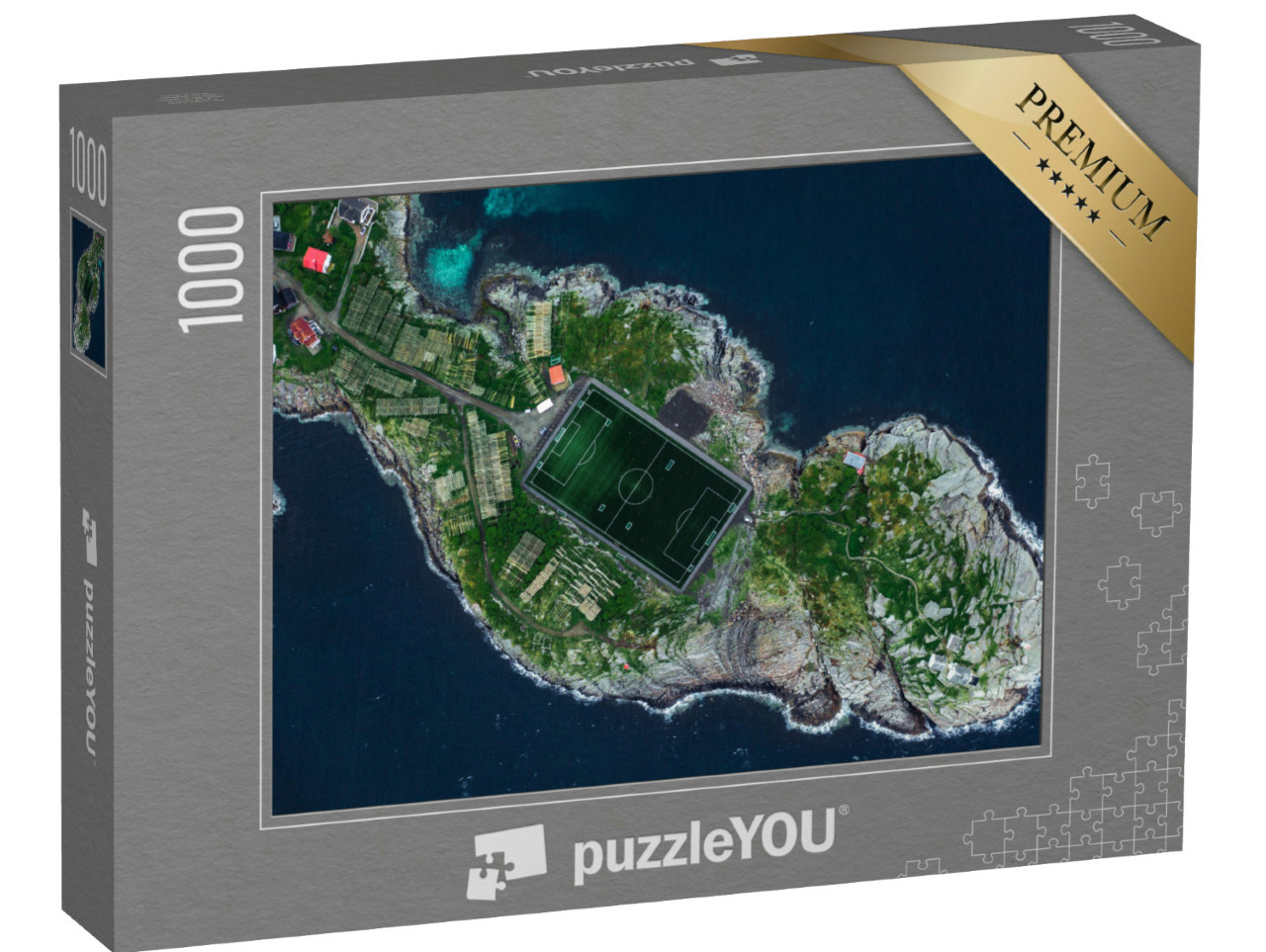 Puzzel 1000 stukjes „Luchtfoto vanuit een drone van Henningsvaer op de Lofoten, Noorwegen“
