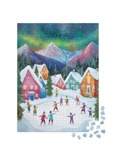 Puzzel 1000 stukjes „Enfants faisant du patin à glace au pays magique des merveilles hivernales“