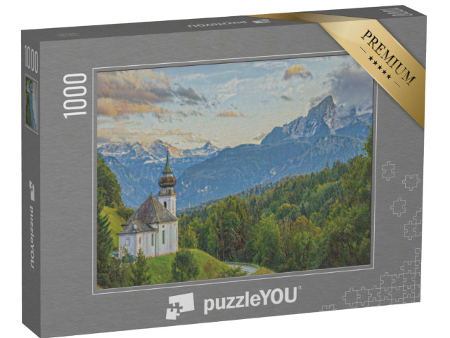 Puzzel 1000 stukjes „in de kunststijl van Claude Monet - Watzmann met Maria Gern kerk - Puzzelcollectie Kunstenaars & Schilderijen“