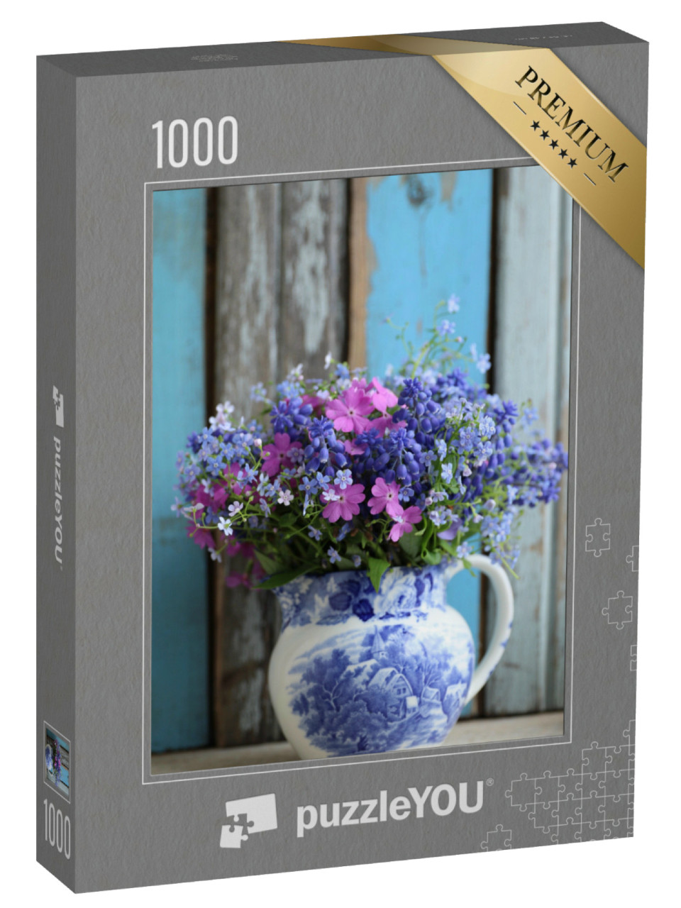 Puzzel 1000 stukjes „Blauw en roze boeket als vintage boeket“
