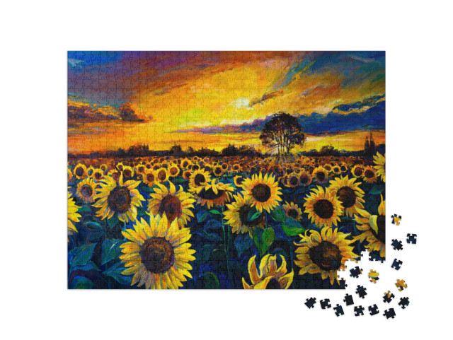 Puzzel 1000 stukjes „Olieverfschilderij: Zonnebloemveld“