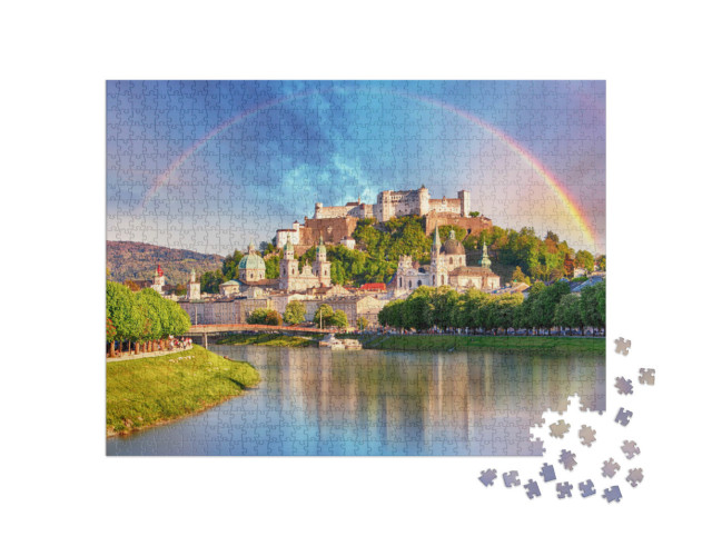 Puzzel 1000 stukjes „Regenboog over Kasteel Salzburg, Oostenrijk“