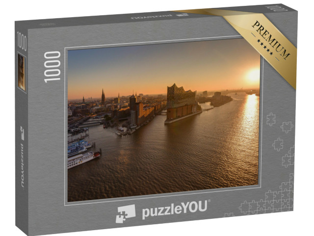 Puzzel 1000 stukjes „Panorama haven Hamburg met stadsgezicht bij zonsondergang“