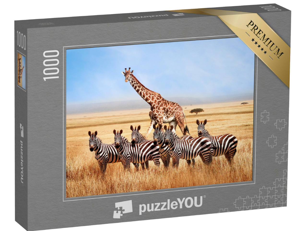 Puzzel 1000 stukjes „Groep zebra's en giraffen op de Afrikaanse savanne, Tanzania“
