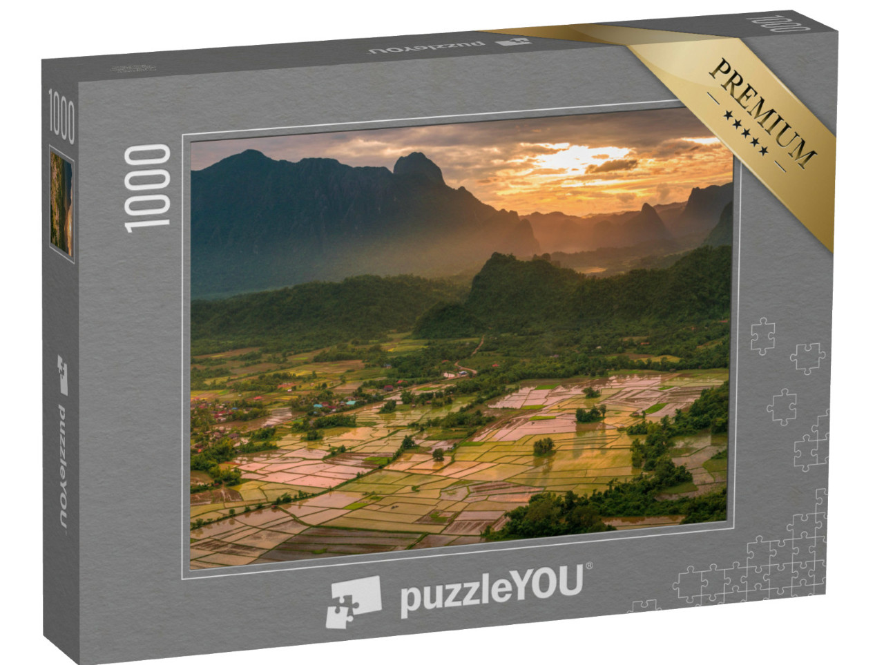 Puzzel 1000 stukjes „Gouden zonsondergang op de rijstvelden van Laos“
